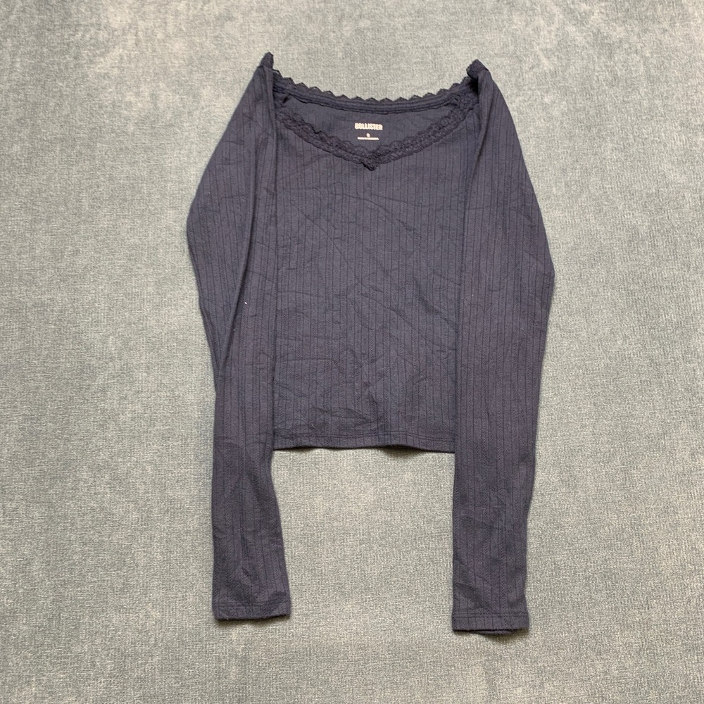Hollister Ribbed Top Womens Small Navy Blue Lace Trim V Neck Raglan Sleeve